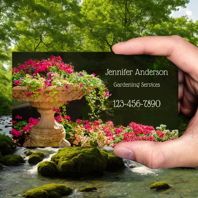 Carte de visite pour entreprise de jardinage Fonta (Business card showing a classic Italian vase overflowing with blossoming colorful flowers - gardener)