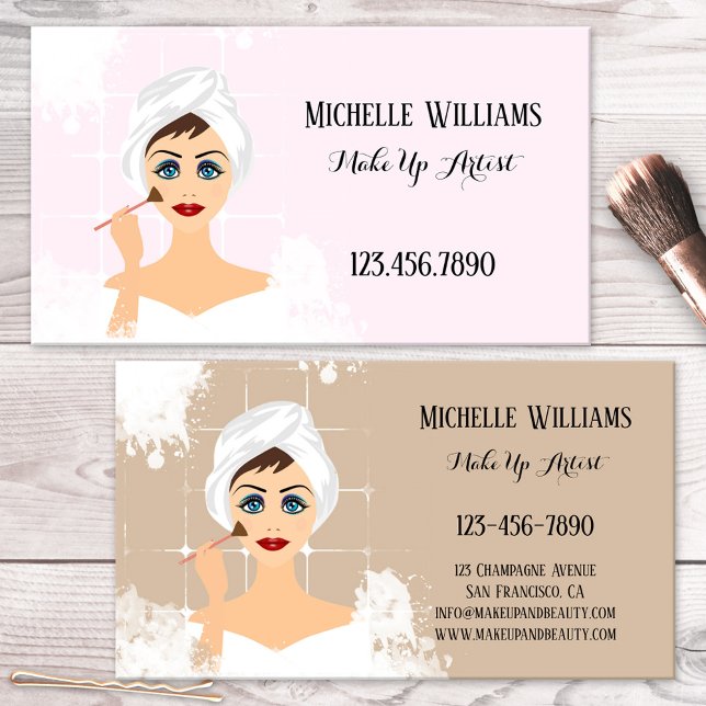 Carte de visite pour entreprise de maquillage et b (Business card featuring an illustration of a woman applying makeup - makeup artist - beauty)