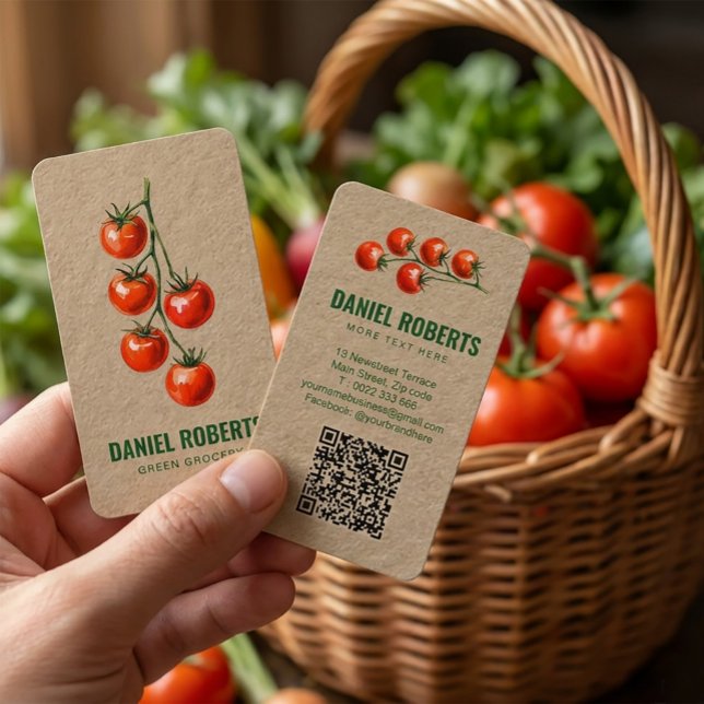 Carte de visite pour épicerie verte – Tomate aquar (#GreenGrocery #FreshProduce #GroceryStore #VegetableShop #TomatoDesign #EcoFriendlyBranding #Organic)