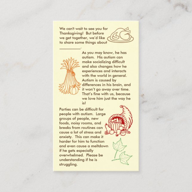Carte de visite pour garçon autiste à Thanksgiving (Devant)