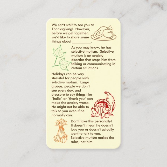 Carte de visite pour garçon avec mutisme sélectif  (Devant)