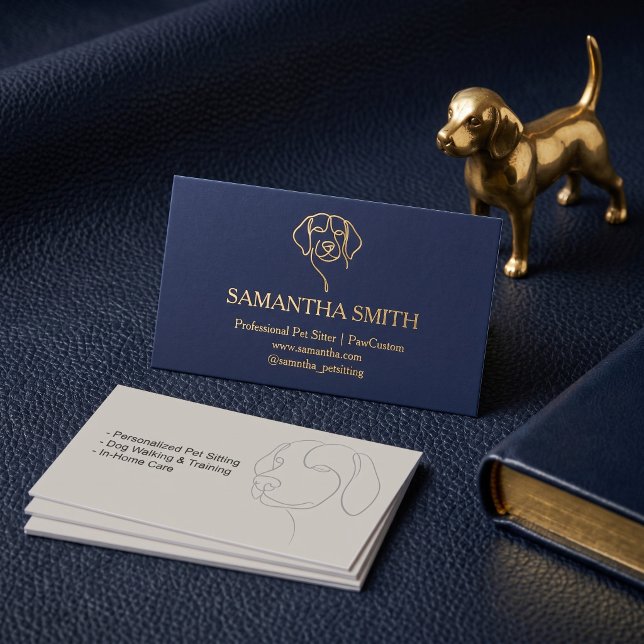 Carte de visite pour gardien d'animaux de luxe Nav (Luxury Navy & Gold Pet Sitter Business Card | Elegant Branding)
