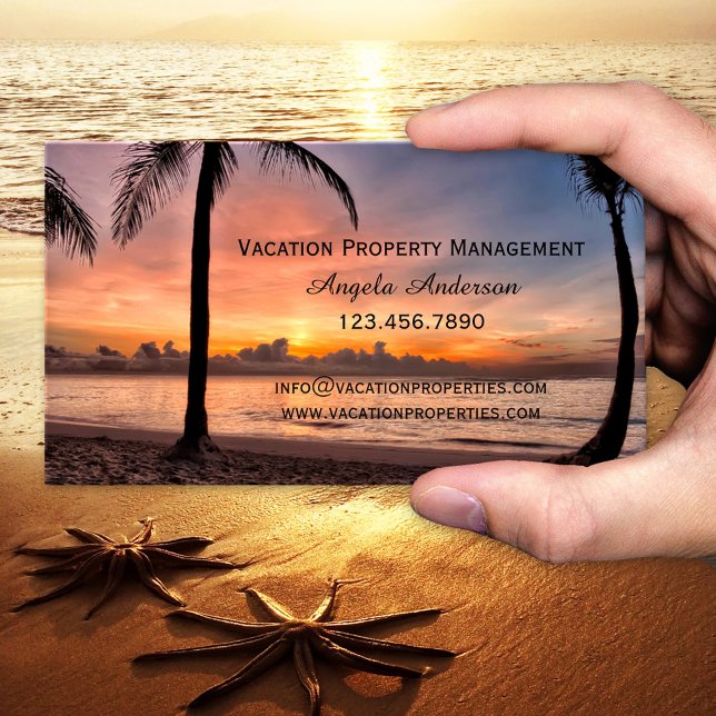 Carte de visite pour la gestion de biens de vacanc (Business card showing a sunset at a tropical beach - travel agency - holiday rentals - vacation home)