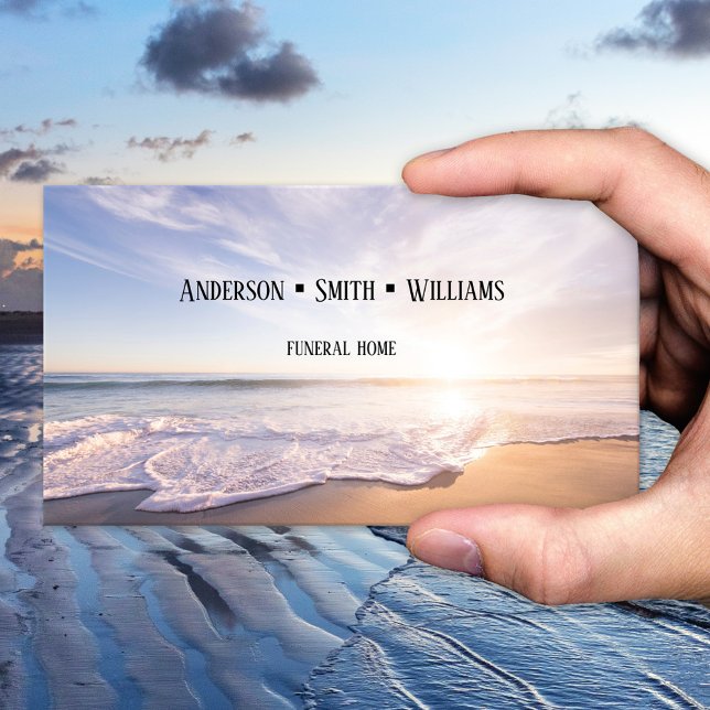 Carte de visite pour les services de crémation fun (A business card featuring a sunset on the beach. Cremation services - undertaker - funeral home)
