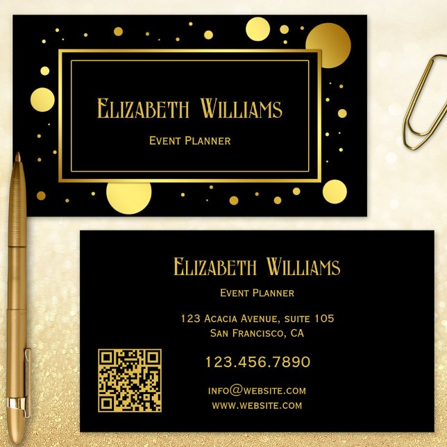 Carte de visite pour l'organisation d'événements C (Business card featuring a black and gold printed confetti design. Beautiful for an event planner)