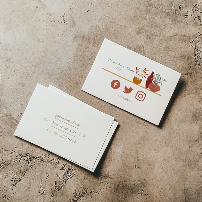 Carte de visite pour petite boutique de plantes d' (House plant shop business card with minimalist plant illustration and social media icons.)