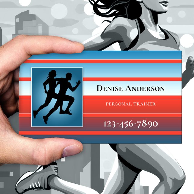 Carte de visite pour rendez-vous de coach sportif  (Sports appointment business card featuring joggers on a red and blue striped design - athletic)
