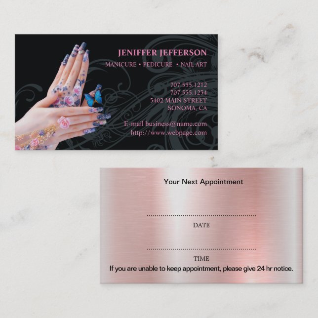 Carte de visite pour rendez-vous de salon d'ongles (Devant / Derrière)