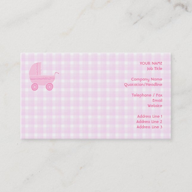 Carte De Visite Poussette de bébé. Rose-clair sur le guingan rose (Devant)