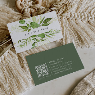 Carte De Visite prairie sauvage   Vert aquarelle Botanique QR Code