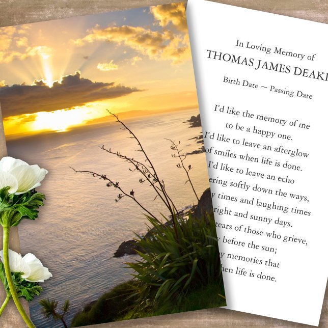 Carte De Visite Prayer Cards for Funeral Pacific Sunrise (sunset, sunrise, beach, celebration of life, in loving memory of, prayer cards for bereavement)