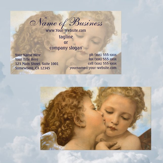 Carte De Visite Premier Baiser, L'Amour et Psyché, Enfants, Bougue (The First Kiss (detail) by Bouguereau features two angels, one kissing the other on the cheek.)
