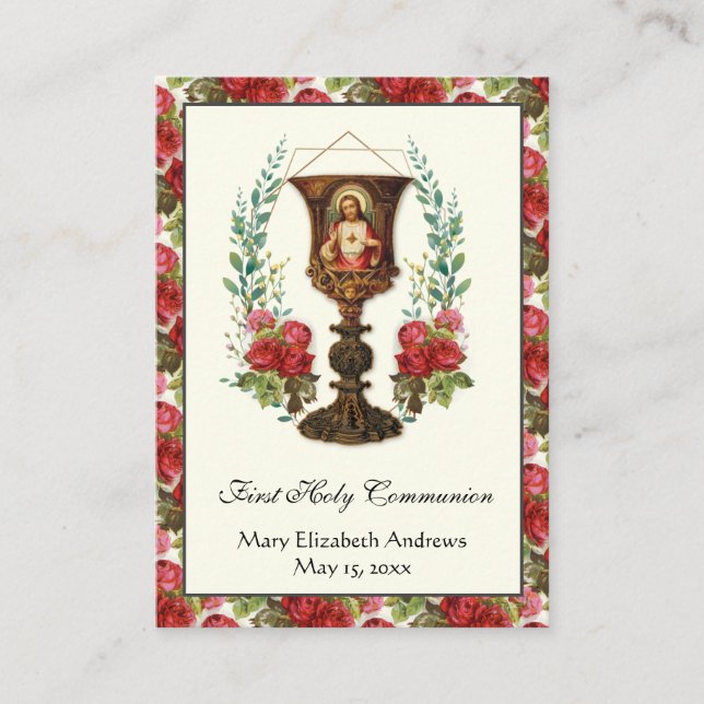 Carte De Visite Première communion Jésus Calice Roses Prière  (Devant)