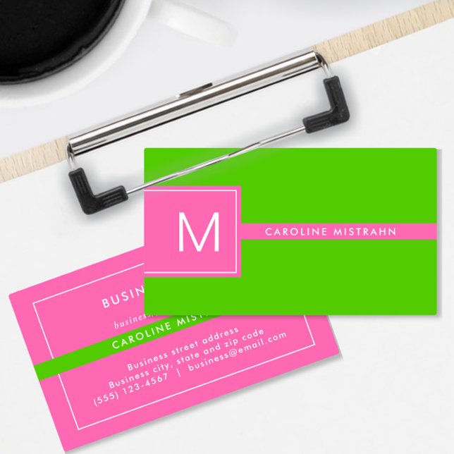 Carte De Visite Préparatoire Monogramme Rose et Vert Citron Profes (Créateur téléchargé)