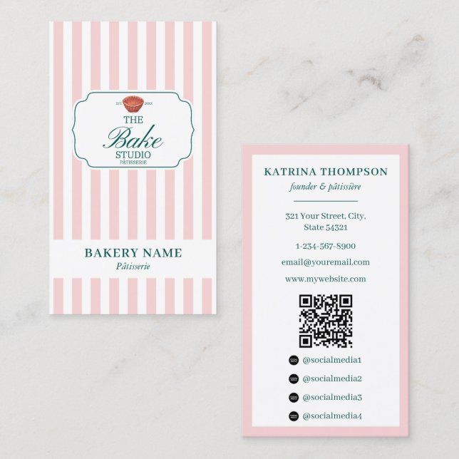 Carte De Visite Preppy Green & Pink Stripes Bakery Logo QR Code (Devant / Derrière)