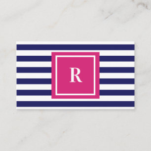 Carte De Visite Preppy Navy Bleu Stripes & Hot Pink Monogramme