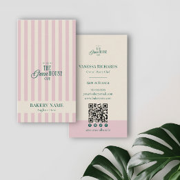 Carte De Visite Preppy Pink Stripes Green Bakery Logo QR Code