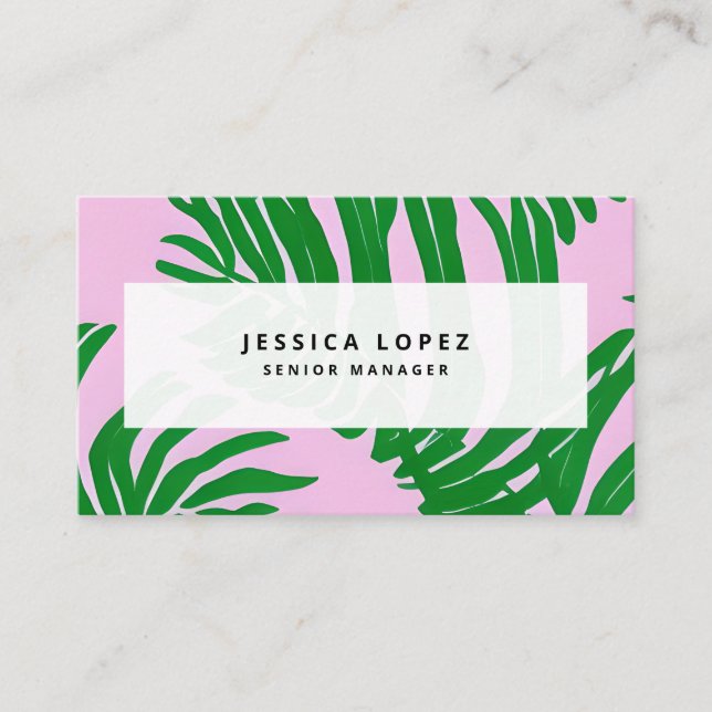 Carte De Visite Preppy Rose + Green Palm Feuille Professionnel (Devant)