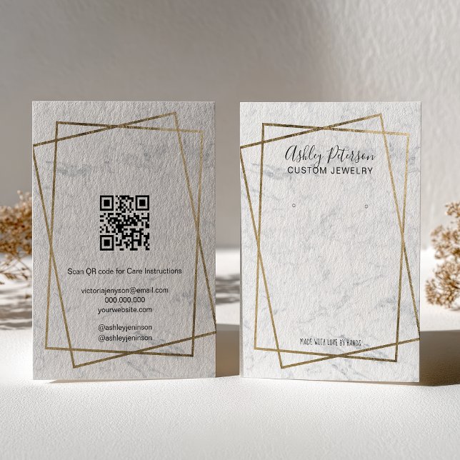 Carte De Visite Présentoir à boucles d'oreilles en marbre blanc or (Luxury Gold White Marble QR code Earring Display Business Card)