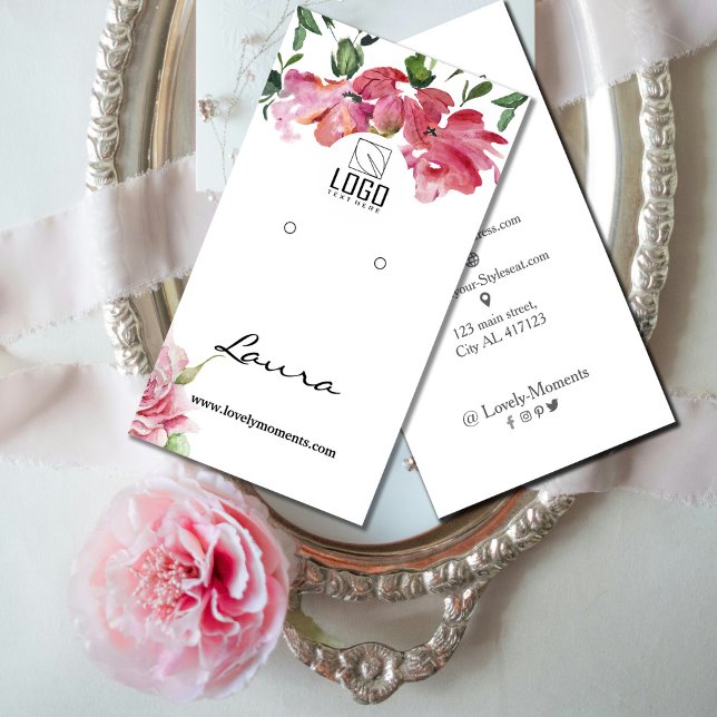 Carte De Visite Présentoir de boucles d'oreilles à fleurs aquarell (Hand-painted watercolor flowers earring display business card #flowersearrringdisplaycard #zazzle)