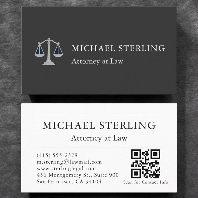 Carte De Visite Prestige Attorney QR Code Elegant Argent Noir (Créateur téléchargé)