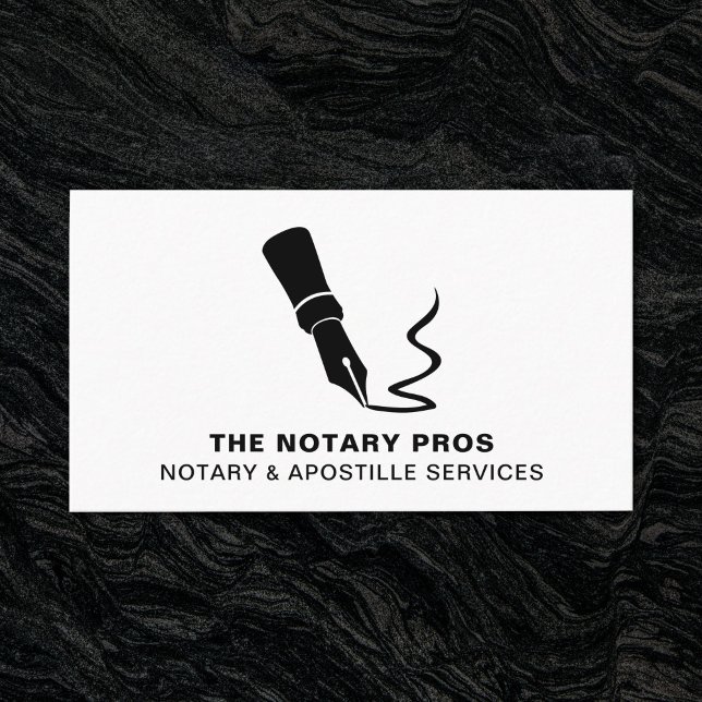 Carte De Visite Prêt Public Notaire Signant Un Stylo Fontaine Mode (Modern fountain pen business card for a Notary. Shown on a dark background.)