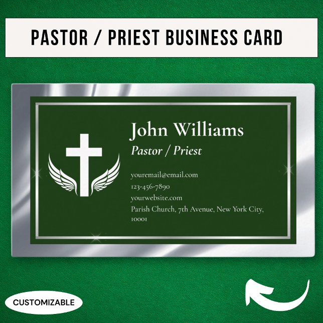 Carte De Visite Prêtre Pasteur de l'Église Silver Green (Créateur téléchargé)