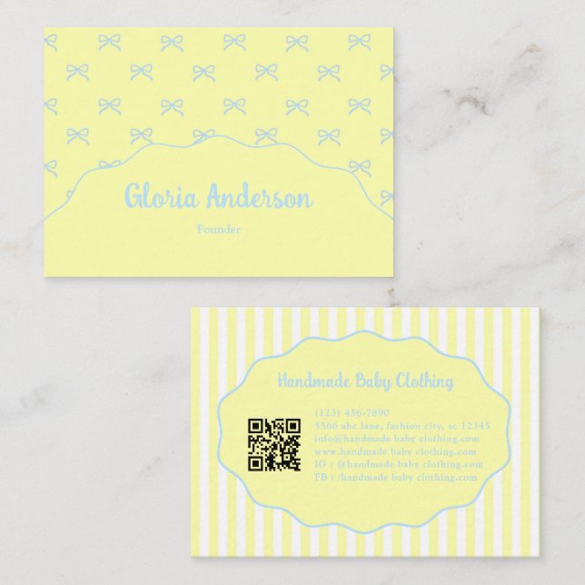 Carte De Visite Pretty Feminine Yellow Blue Bow Stripe Pattern (Devant / Derrière)