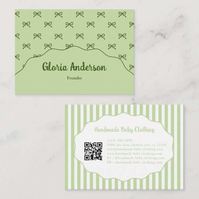 Carte De Visite Pretty Girly Feminine Green Bow Stripe Pattern (Devant / Derrière)