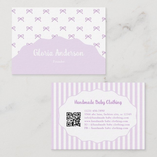 Carte De Visite Pretty Girly Feminine Purple White Bow Stripes (Devant / Derrière)