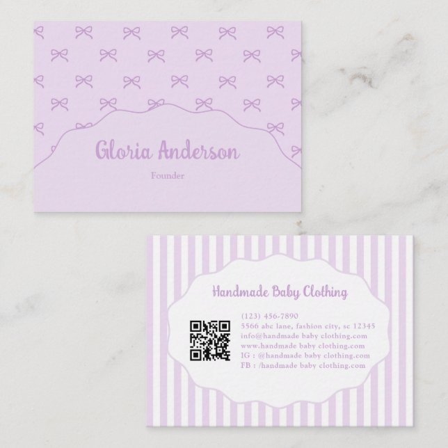 Carte De Visite Pretty Girly Feminine Purple White Bow Stripes (Devant / Derrière)