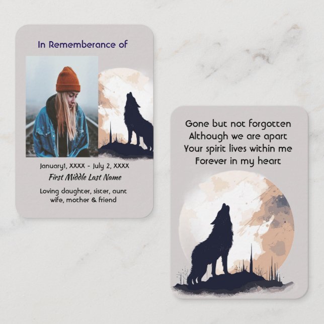 Carte De Visite Prière commémorative Loup solitaire Howling animal (Devant / Derrière)