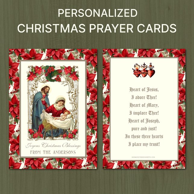 Carte De Visite Prière de Noël catholique Trois Coeurs (TRADITIONAL CATHOLIC CHRISTMAS PRAYER CARDS - NATIVITY OF BIRTH OF JESUS )
