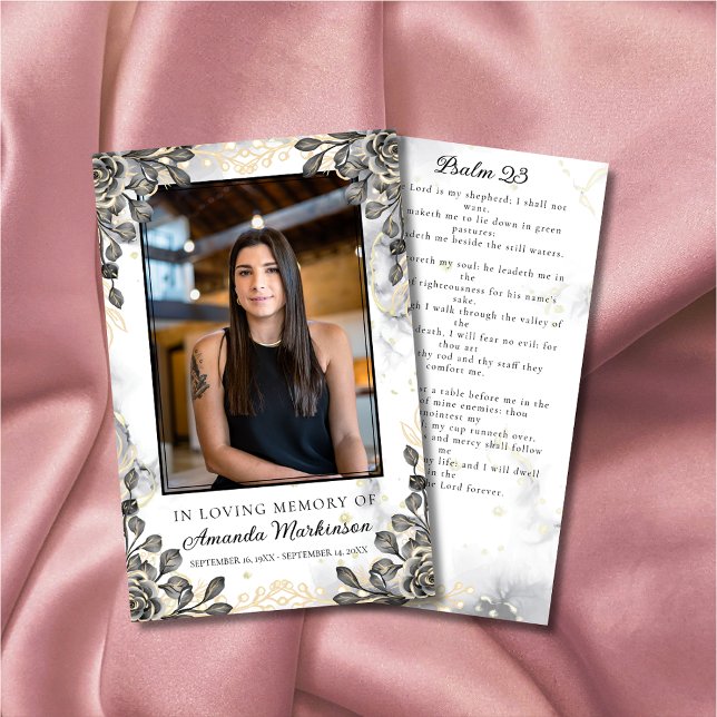 Carte De Visite Prière funéraire en marbre floral noir et or (Créateur téléchargé)