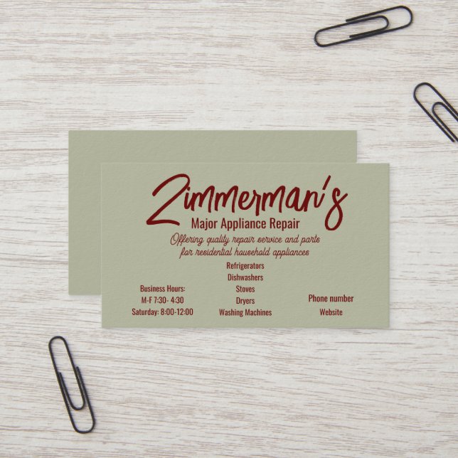 Carte de visite principal de réparation de matérie (Devant/Arrière en situation)