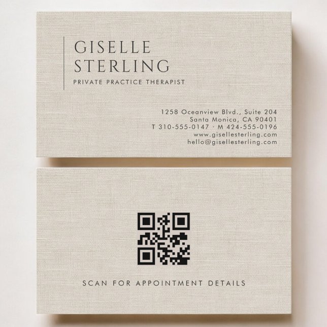 Carte De Visite Private Practice Therapist Neutral Linen QR Code (Créateur téléchargé)