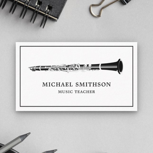 Carte De Visite Professeur de clarinette musique noir et blanc min (Créateur téléchargé)