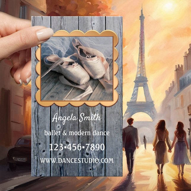 Carte de visite professeur de danse de ballet (Business card showing your photo framed by a curvy rose gold design on rustic wood - ballet teacher)