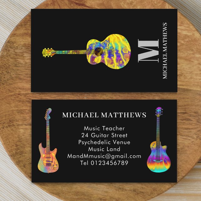 Carte De Visite Professeur de guitare électrique acoustique Monogr (Modern guitar music tutor professional musician black Business card Guitarist music teacher)