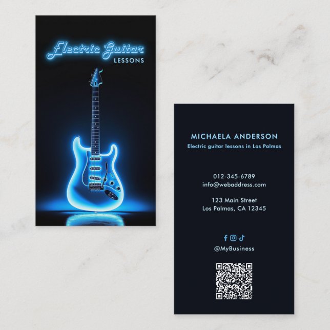 Carte De Visite Professeur de Guitare Électrique Code QR et Réseau (Devant / Derrière)