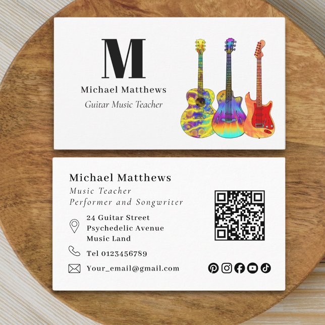 Carte De Visite Professeur de Guitare Entreprise de Musique Code Q (Guitar teacher musician qr code and social media business card)