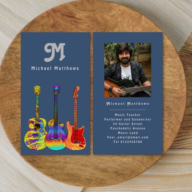 Carte De Visite Professeur de Guitare Moderne Musicien Professionn (Retro guitar music teacher custom photo business card)