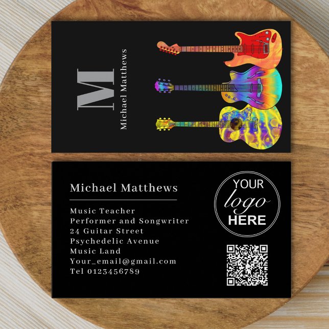 Carte De Visite Professeur de guitare moderne personnalisé QR Code (Modern guitar music teacher professional musician logo qr code black Business card)