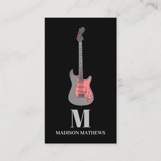 Carte De Visite Professeur de guitare Monogramme Simple Rose Noir (Devant)