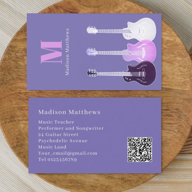 Carte De Visite Professeur de Guitare Musicale Code QR Personnalis (Modern Guitar teacher music tutor musician performer Pink purple Business card)