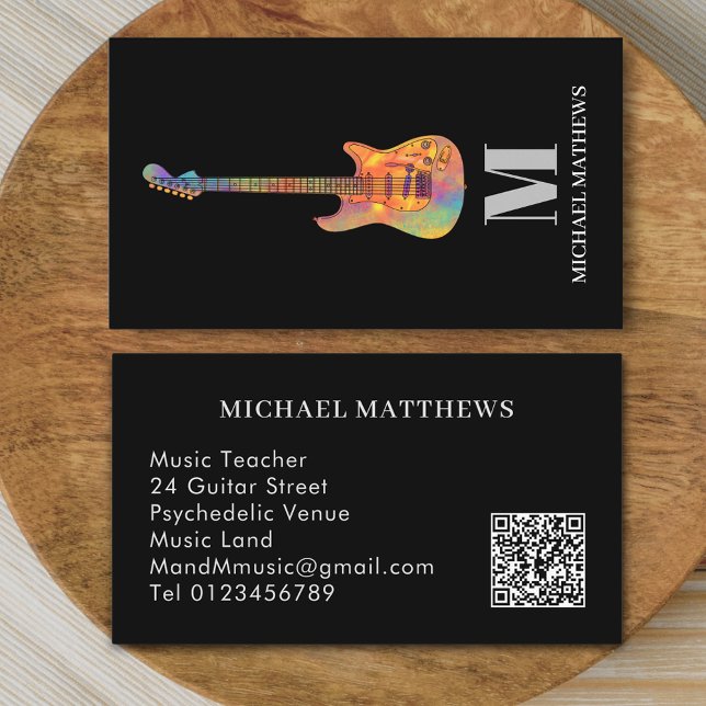 Carte De Visite Professeur de Guitare Musicien Professionnel Code  (Modern guitar music teacher professional musician qr code Business card Colorful electric guitar art)