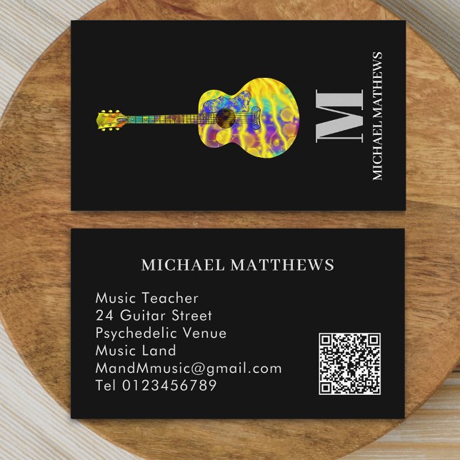 Carte De Visite Professeur de Guitare Musicien Professionnel Code  (Modern guitar music teacher professional musician qr code Business card colorful psychedelic guitar )