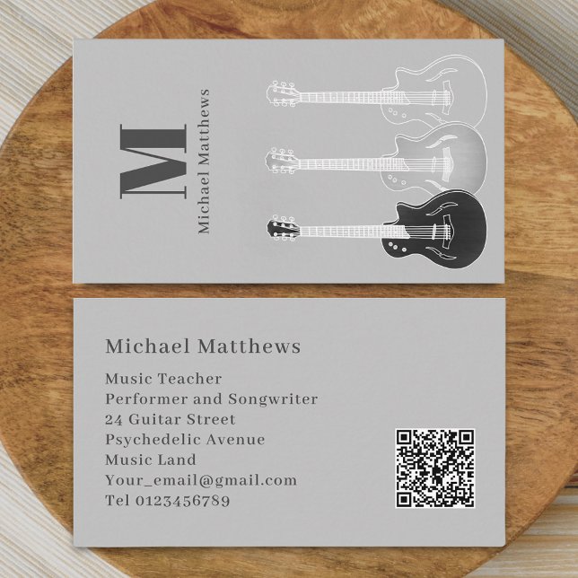 Carte De Visite Professeur de Guitare Musicien Professionnel Code  (Modern guitar music teacher professional musician qr code gray Business card )