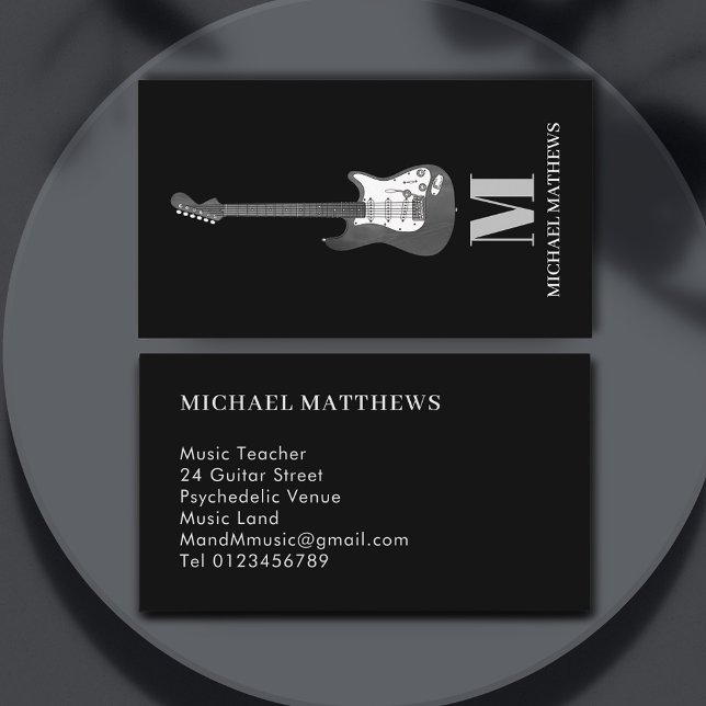 Carte De Visite Professeur de Guitare Musicien Professionnel Simpl (Guitar music teacher black and white professional business card)