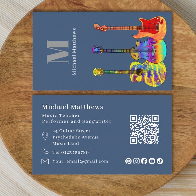 Carte De Visite Professeur de Guitare QR Code et Réseaux Sociaux P (Guitar music tutor qr code and social media custom business card)